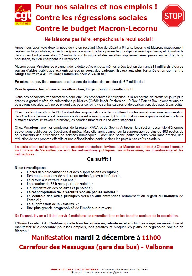 appel 2 décembre Pour nos salaires et nos emplois ! Contre les régressions sociales Contre le budget Macron-Lecornu