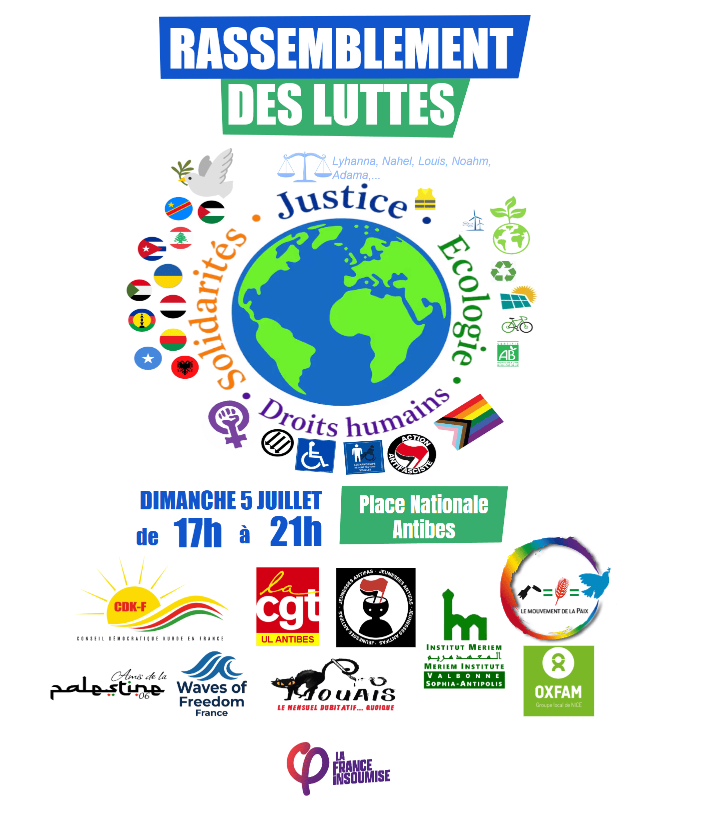 Rejoignez notre espace de convergence des luttes le dimanche 5 juillet 17h00-21h00 - Antibes - Place Nationale